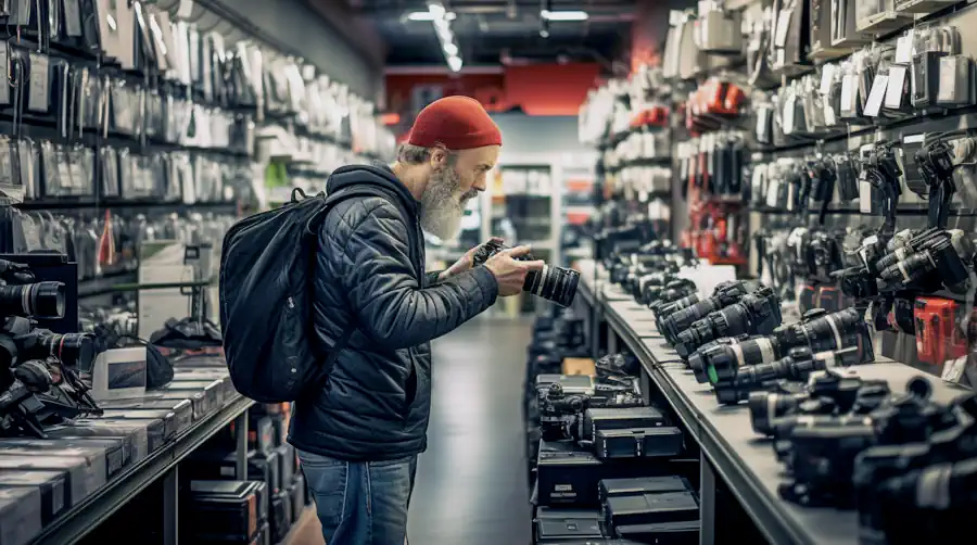 Photographer Checking Out a Camera in a Camera Store